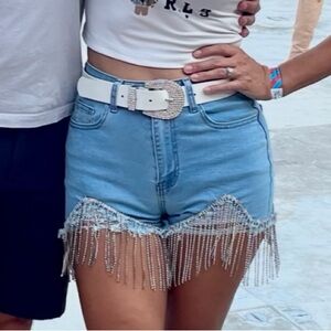 SHEIN Light Blue Denim Shorts with Rhinestone Fringe